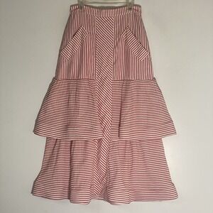 Iorane Midi Skirt Womens XS Red Lolla Stripe Ruffle Cotton Kissed Pockets Preppy